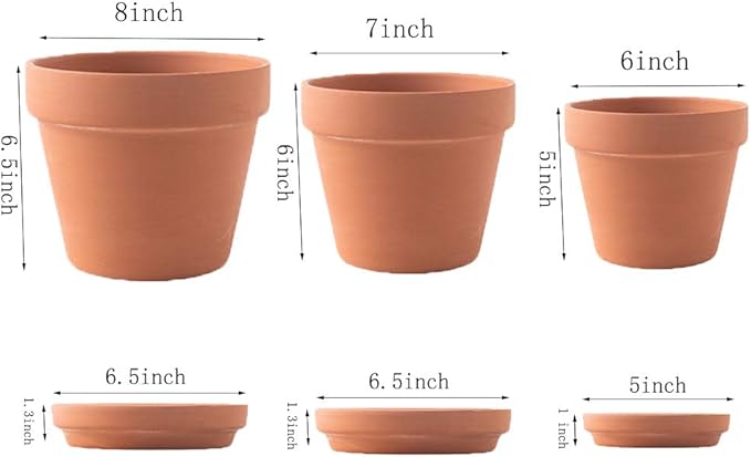Yishang Large Terracotta pos with Drainage Hole and Saucers,Ceramic Clay Planter Pots for Indoor/Outdoor Plants,6 Inch & 7 Inch & 8 Inch,Set of 3