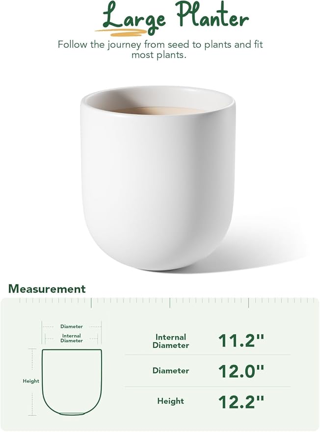 LE TAUCI 12 Inch Pots for Plants, Ceramic Large Planters for Indoor Plants, Indoor Plant Pots for Home Garden Patio Office, Planter Pots with Drainage Hole and Rubber Plug, White
