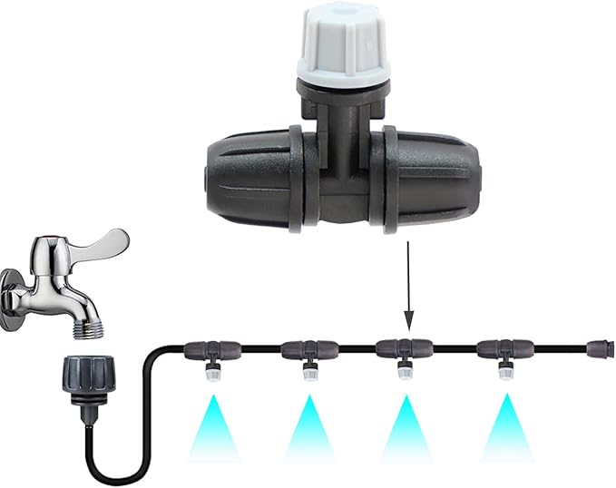 10pcs Drip Irrigation Misters Nozzles 1/4 Inch Three-Way Atomizing Nozzle with Connectors Drip Emitters Irrigation Fitting Parts for Outdoor Spray Cooling System