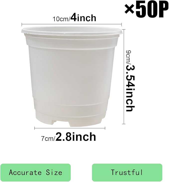 10CM White Seedling Pots 4 inch New Material Planter Pots 50 Pcs, Soft and Sturdy Bottom Transplanting Pots with 50Pcs Screen Pads（50Pcs,4Inch,White