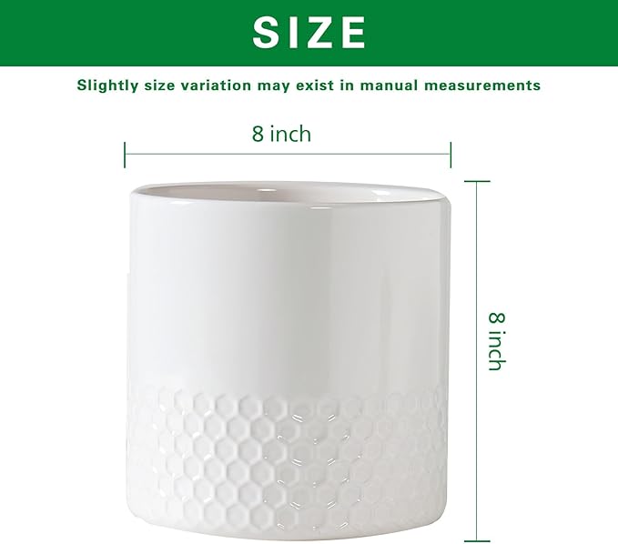 Docrin Ceramic Planters Indoor: 8 Inch Plant Pots with Drainage Holes for Home/Office - White Honeycomb