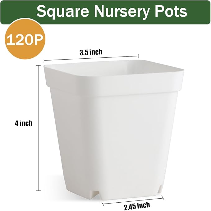 120 Pcs Nursery Pots 3.5 Inch, Plastic Seed Starting Pot with Drainage Holes, Small Sturdy Seedling pots for Planting, Cuttings (White)