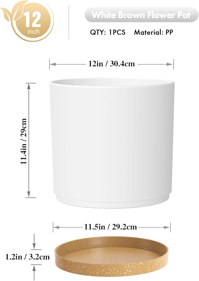 12 Inch Large Deep Plant Pots for Outdoor Indoor Plants, Cylinder Tall Flower Pots with Drainage Holes and Saucer, Big Decorative Plastic Planter Pots for Garden House Plants, White with Brown