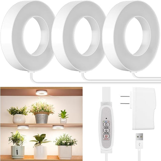 LORDEM Ceiling Grow Light for Indoor Plants, 144 LEDs Full Spectrum LED Plant Light, 5V Plant Lamp with 4/8/12H Auto Switch, 4 Dimmable Brightness Levels, Ideal for Small Plants, Tri Head, Corded