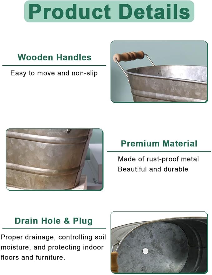 vensovo Galvanized Oval Planter Tubs for Outdoor Plants - Farmhouse Small Metal Tin Buckets with Drain Hole & Rubber Plug Medium Plant Containers with Handles Vintage Style for Decor, Set of 3