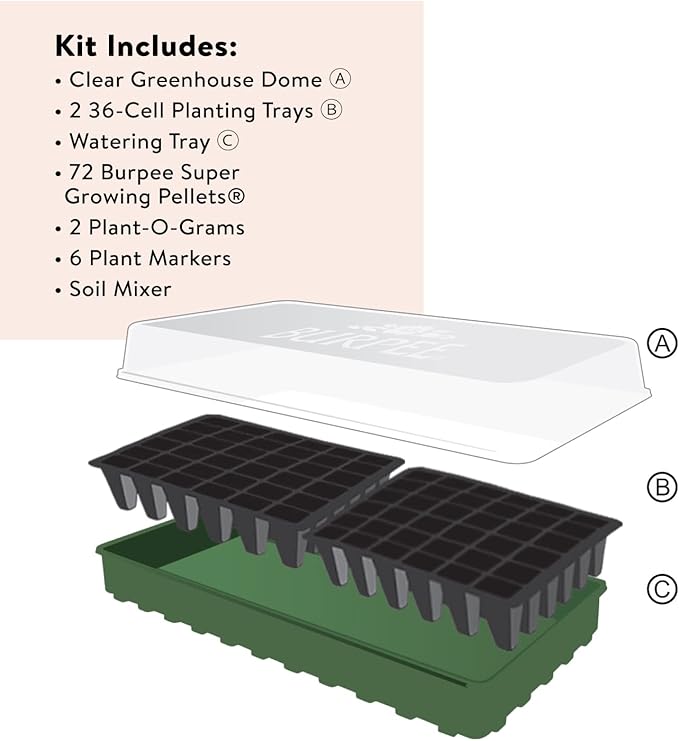 Burpee Greenhouse Indoor Starting Herbs, Flowers and Vegetables | Includes Dome, Watering, Seed Starter Tray, Coir Pellets | 10" W x 20" L x 5" H, One Size, 1 Kit (72 Cells)