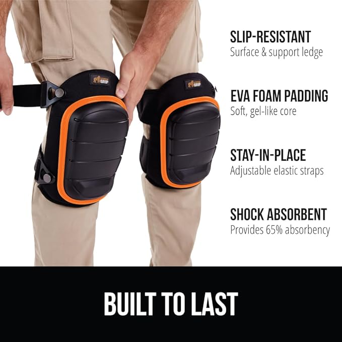 Gorilla Grip Adjustable Safety Knee Pad Set, Heavy Duty Durable Kneeling Pads for Work, Anti Slip Fasteners, Comfortable Gel Padding, Supportive Pads During Construction, Gardening Tool, Orange