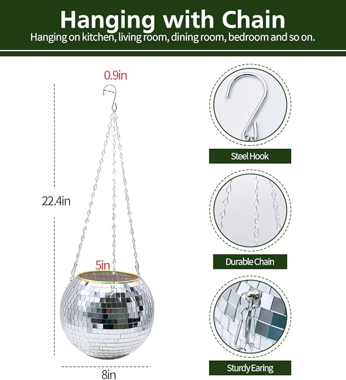 Disco Ball Planter, 8" Silver Disco Ball Planter, Disco Ball Plant Hanger with Hanging Rope, Hanging Chain, Hook, Circle and Extra Mirror Pieces (8" Silver, 1pcs)