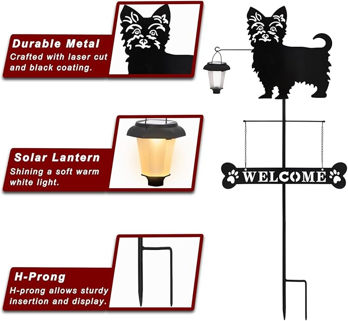 BAYN Solar Yorkie Silhouette Dog Breed Welcome Sign with a Lantern Outdoor Decorative Garden Stakes for Yard, Lawn, Patio, Pathway