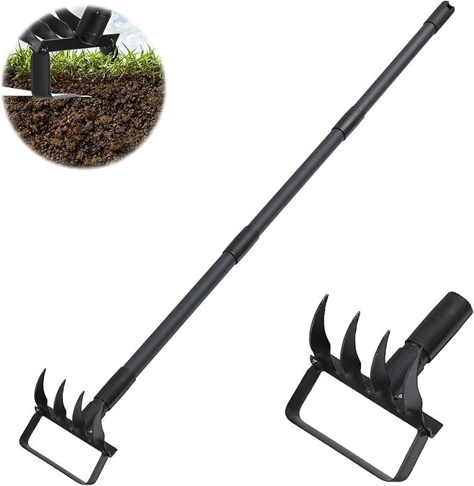 62.6Inch Action Stirrup Hoe Garden Tool Weed Puller with Adjustable Long Handle, Heavy Duty Hula Hoe and 4 Tines Rake 2 in 1 Gardening Tools Garden Cultivator for Weeding Soil Loosening, Black