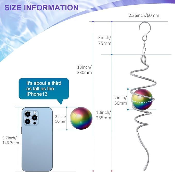 Gazing Ball Spiral Tail, Wind Spinner Stabilizer with Multi Color Sphere & Swivel Hook, Sun Catcher 11" Tail and 2" Stainless Steel Orb, Indoor Outdoor Garden Decor, Creative Gifts 13 inch