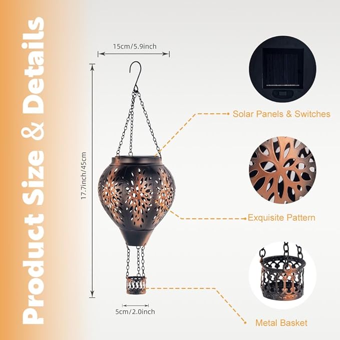 Hot Air Balloon Solar Lantern, Flower Hollow Out Solar Powered Hot Air Balloon Lantern Outdoor Waterproof, Metal Hanging Hots Airs Balloons Solars Light for Outdoor Patio Garden Decor