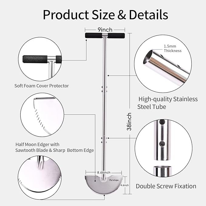 Half Moon Edger Lawn Tool,Manual Lawn Edgers with T-Grip Handle,Saw-Tooth Lawn Edging Tool for Landscaping, Manual Step Edger for Grass, Borders Sidewalks, Driveways, Gardens,38-Inch