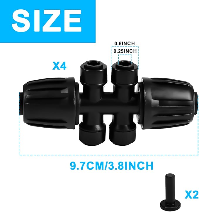 Haolake1/2'' to 1/4'' Barbed Tee Quick Connector, 4PCS Drip Irrigation Kits,Anti-Leak Locked Splitter Fitting for Irrigation Tubing 6-Way Connector and 2 Plugs