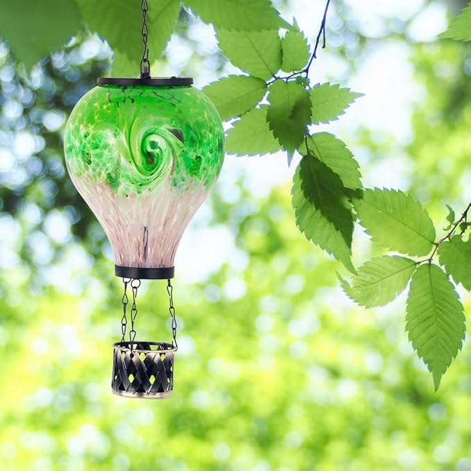 Solar Hot Air Balloon Lanterns with Flame Flickering Hanging Solar Lanterns Outdoor Waterproof LED Glass Garden Decorative Lights for Patio Yard Porch Tree,Mother Day Gift for Women(Green)