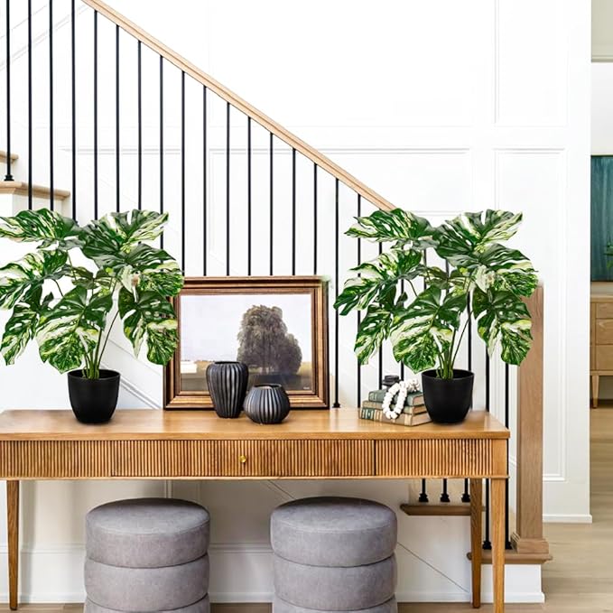 Hollyone Artificial Monstera Plant 17" Faux Monstera Deliciosa Plant in Black Pot Fake Swiss Cheese Tropical Plant Potted for Indoor Outdoor Floor Home Office Living Room Decor, 2 Pack
