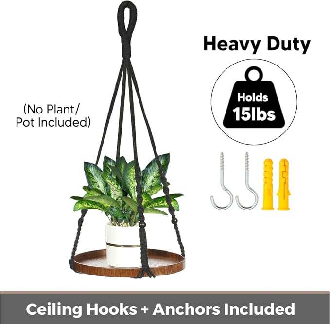 2 Pack Macrame Plant Hanger | Plant Hanger Indoor, Hanging Planter Shelf | Hanging Planter (Black) (1 Large + 1 Medium)