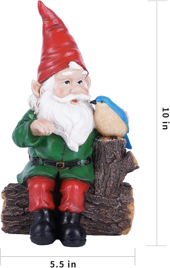 Garden Gnome Statues with Bird Resin Sculpture Gnome Sitting on The Stump Outdoor Statues for Outdoor Garden Decor