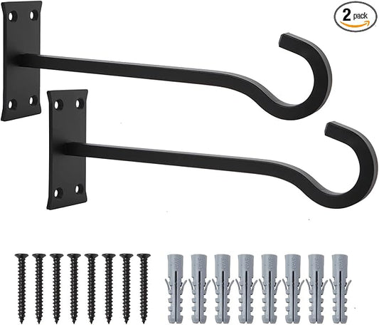 10inch Heavy Duty Plant Hangers Outdoor or Indoor Bird Feeder Hanger Shepherd Hooks 2pcs Black Metal Wall Hook for Hanging Plant Bracket, Lantern, Flower Basket, Wind Chimes