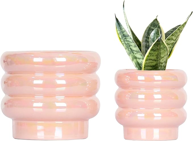 5.7 Inch +4.1 inch 2 pcs Ceramic Plant Pots for Indoor Plants, Rainbow Pearl Glaze Planter with Planters for Plants with Drainage Hole, Orchid Pots, Succulent Pot, Flower Pot (Pink)