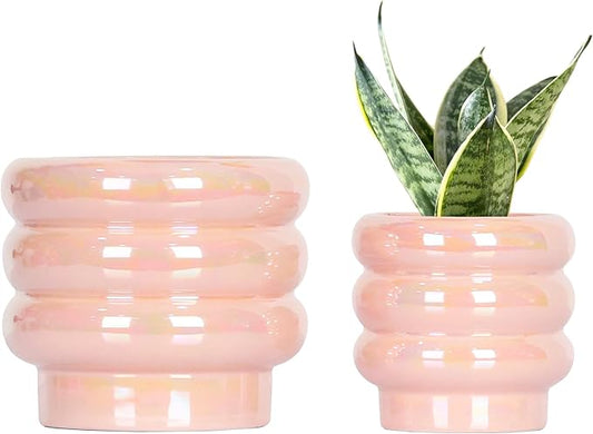 5.7 Inch +4.1 inch 2 pcs Ceramic Plant Pots for Indoor Plants, Rainbow Pearl Glaze Planter with Planters for Plants with Drainage Hole, Orchid Pots, Succulent Pot, Flower Pot (Pink)