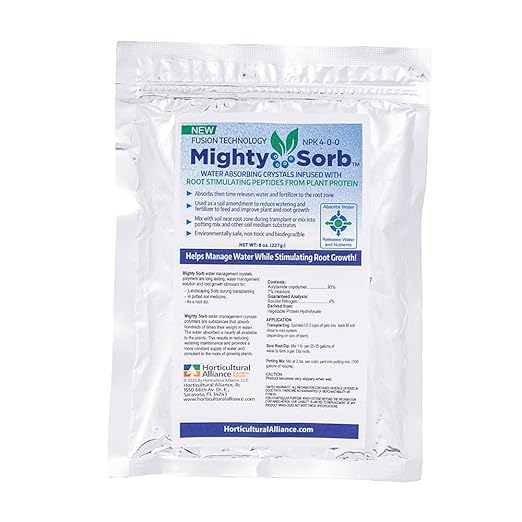 MightySorb Water Storing Crystals for Plants 8 oz. Water-Holding Polymer Hydrogel Granules Root Growth Stimulant Keeps Soil Moist Indoor Outdoor Plants Soil Amendment Prevent Over-Watering