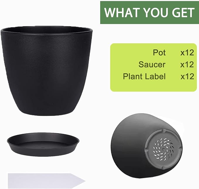 Plant Pots, 12 Pack 6 inch Modern Plastic Planters with Drainage Holes and Saucers for Indoor Outdoor Plants and Flowers, Black