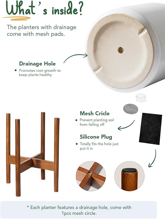 LE TAUCI 12 Inch Plant Pot with Acacia Wood Stand, Large Ceramic Planter for Indoor Plants, Mid-Century Modern Home Decor, Round Flower Pot with Drainage Hole and Adjustable Plant Stand, White