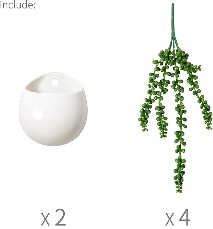 Dahey Wall Planters with Fake String of Pearls Plant Artificial Succulent Small Modern Ceramic Mounted Planter Round Hanging Wall Vase Display Holder for Indoor Garden Office Decor, Set of 2
