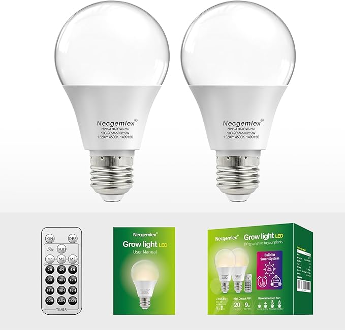 Smart LED Grow Light Bulbs with Remote Controller, Sun Mode, Built-in Daily Auto Timer, 4500K, A21/A70 E26/E27 9W Dimmable Full Spectrum Grow Bulbs for Indoor Plants, 2 Pack
