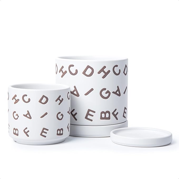 D'vine Dev Set of 2 Ceramic Planter Pots with Drainage Hole and Saucer, 4.5 Inch 6 Inch Plant Pots for Plants Indoor Houseplants, White, 99-G-1