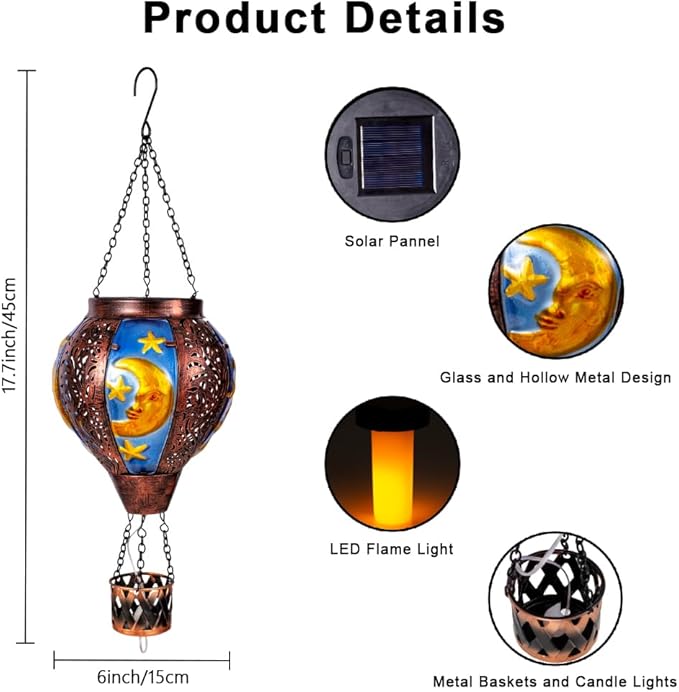 Solar Hot Air Balloon Lantern with Flame Flickering LED Metal Star Moon Hot Air Balloon Solar Lantern Outdoor Waterproof Hanging Outdoor Light for Garden,Yard,Porch Mother Day Gift for Women