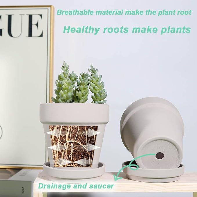 vensovo 4 Inch Small Grey Terracotta Plant Pots with Saucer - 6 Pack Clay Flowerpots with Drainage, Great for Indoor Outdoor Plants, Crafts, Wedding Favor