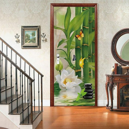 Bamboo 3D Door Stickers Murals - Peel and Stick - Waterproof & Washable - Matt Finish - Natural Style - Bamboo Pattern - 37.4" x 78.7" - 2 Pieces