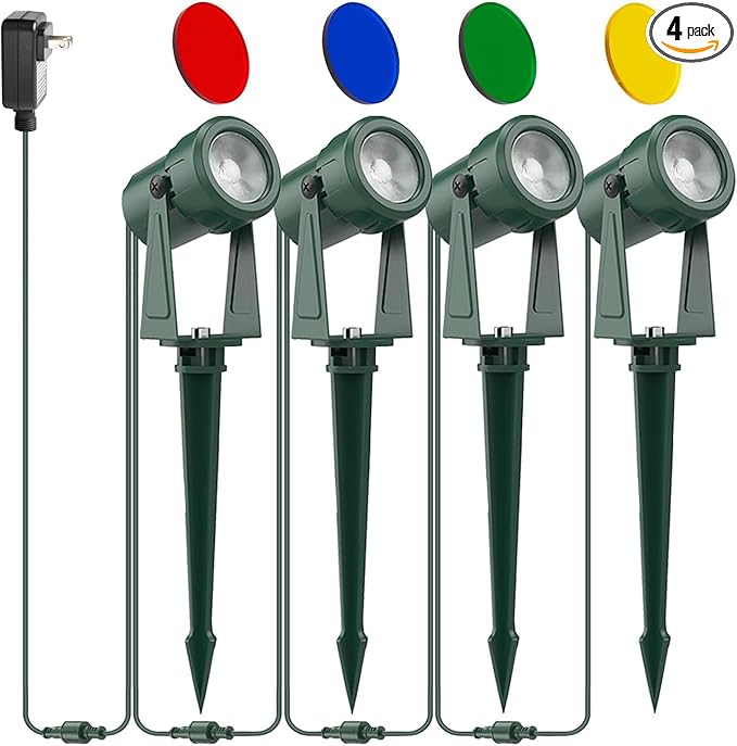 ZYAN 4 Pack Outdoor Landscape Lighting with 4 Colorful Lens and Power Supply, Green Shell