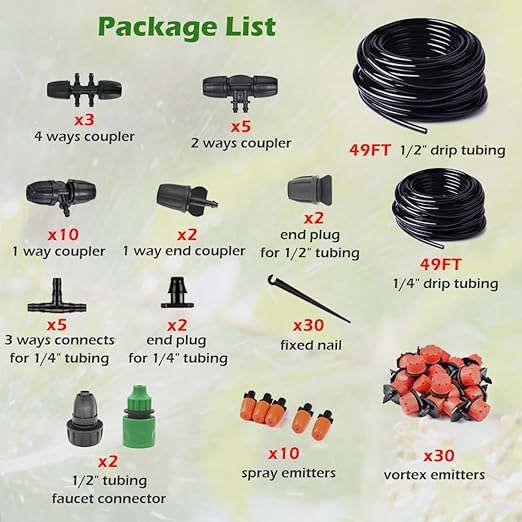 Adjustable Drip Irrigation System for Garden,Lawn Patio, Raised Beds - Automatic Irrigation Kits and Drip Emitters with 1/2" and 1/4" Irrigation Tubing (49FT + 49FT)
