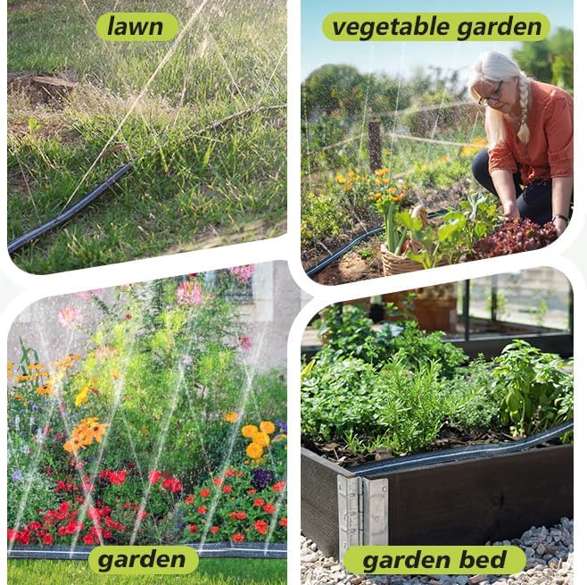 Sprinkler Soaker Hose 25 ft, Flat Watering Hose with Holes, Water Saving Drip Line Irrigation Hoses with Garden Staples for Lawn, Vegetable Garden Beds (25 ft)