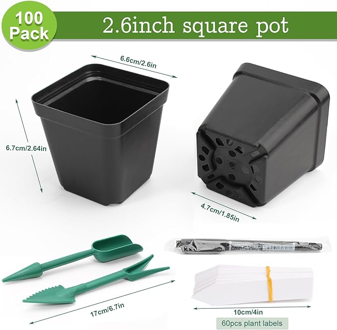100Pcs Square Nursery Pots 2.6 Inch Flexible Plastic Seedling Pots Small Plant Pots Thick Seed Starter Pots for Plants, Succulent, Flower with 60Pcs Plant Labels