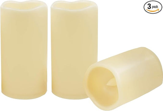 CANDLE CHOICE 3 Waterproof Outdoor Battery Operated Flameless LED Pillar Candle with Timer Flickering Plastic Resin Electric Decorative Light for Lantern Patio Garden Home Decor Party Wedding