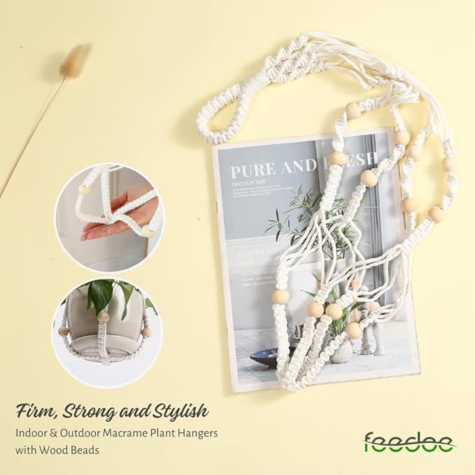 Macrame Plant Hanger, Hanging Planters for Indoor Plants Holder with Wood Beads, Hanging Plant Holder for Indoor Outdoor, Gifts for Plant Lovers, Boho Home Decor Plant Hanger, Ivory