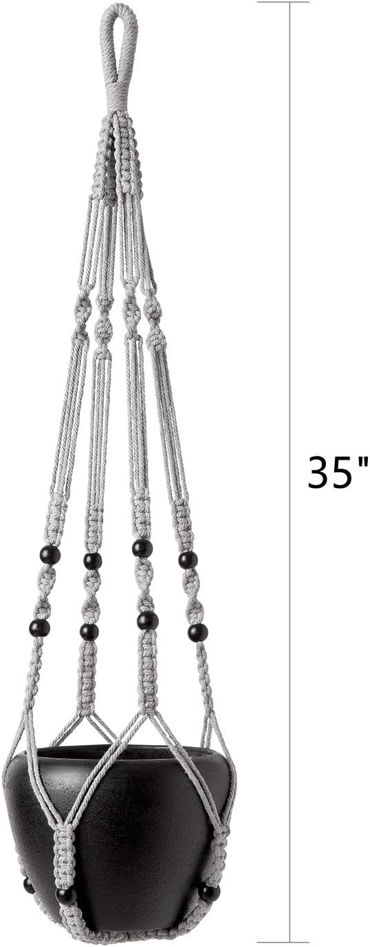 Mkono Macrame Plant Hanger Indoor Hanging Planter Basket with Wood Beads Decorative Flower Pot Holder No Tassels for Indoor Outdoor Boho Home Decor 35 Inch, Gray, Set of 3 (POTS NOT Included)