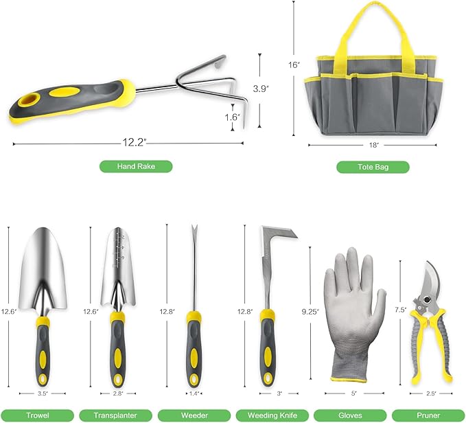 iPower Garden Tool Set, 8 Piece Heavy-Duty Stainless-Steel Garden Kit Includes Outdoor Hand Tools, Garden Gloves and Storage Tote Bag, Ergonomic Rubberized Non-Slip Handle