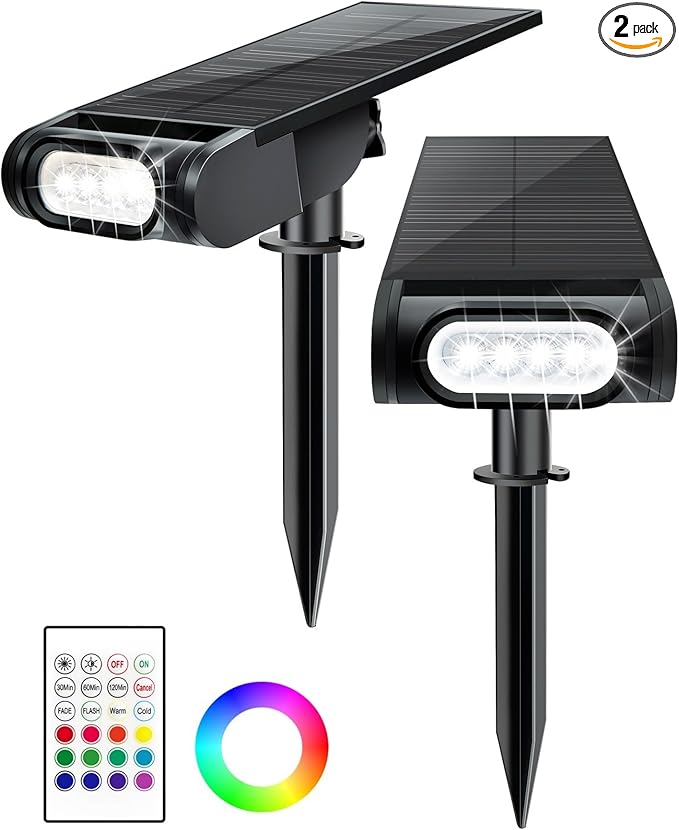 Solar Spot Lights Outdoor Waterproof IP67, RGB Landscape Lighting with Remote & Timer, Color Changing Solar Uplights Outdoor for Trees, Garden, Yard, and Pathway (2 Pack)