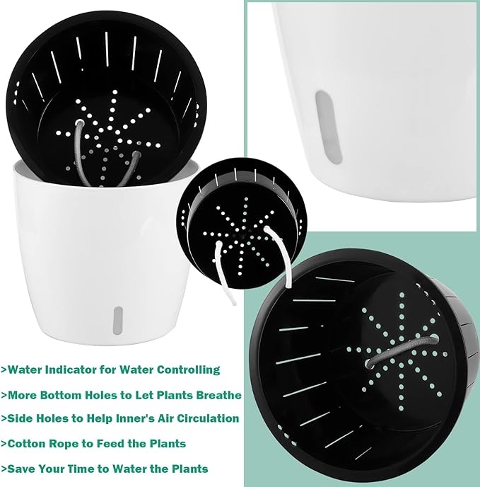 Planterhoma 5/6.7 Inch Self Watering Pots for Indoor Plants, 8 Packs White African Violet Pots with Water Indicator and Black Wick Pots, Self Watering Planters for Devil's Ivy, Indoor Plant Pots