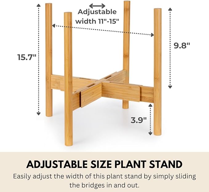 Fox & Fern Large Adjustable Plant Stand Indoor — 11 to 15 Inch Mid Century Bamboo Plant Stand; Plug In Design; Easy to Assemble; Two Height Options - For 11, 12, 13, 14 & 15 Inch Pots (Not Included)