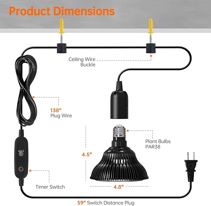 Hanging Grow Light for Indoor Plants Full Spectrum, Black Plant Bulb with Optical Lens for Enhanced PPFD, Pendant Grow Light with Timer, 16.4 FT Power Cord, Perfect for Tall Plants and Flowers