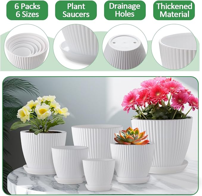 7.5/6.5/5.5/4.9/4.2/3.5 Inch Plant Pot, Plastic Flower Pots with Drainage Indoor/Outdoor Plant Pots, Set of 6 Pack White Plastic Pot for Plant Planters with Saucers