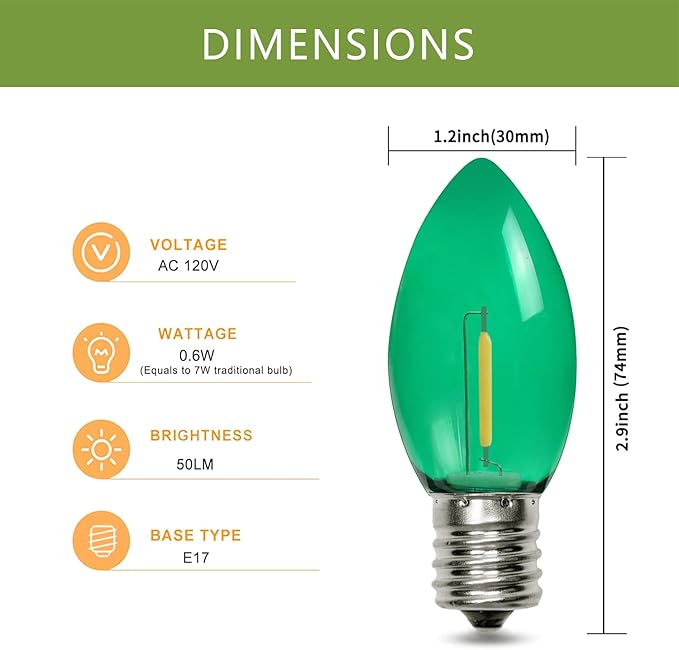 25 Pack C9 LED Replacement Christmas Light Bulbs Multicolor, Waterproof Shatterproof Outdoor String Lights Vintage LED Filament Bulb, E17 Base, Commercial Grade Holiday Decoration Bulbs