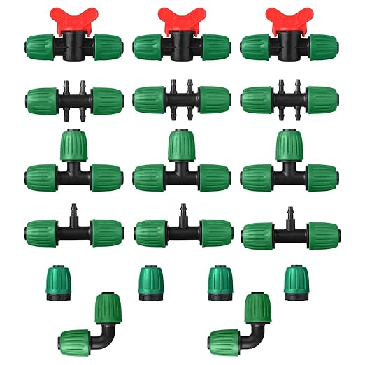 18 Pcs Drip Irrigation Fittings Kit for 1/2'' Tubing 1/2 Inch Drip Line Anti Drop Barbed Locking Nut Connector with 4 Tees 4 Couplings 3 Reducing Tee 3 Switch Valves 2 Elbows 2 Plugs (Green)