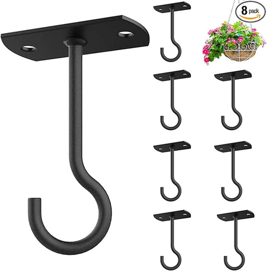 Ceiling Hooks for Hanging Plants 8Pack 4in,Wall Hooks for Plants,Lights,Planters,Lanterns,Hanging Bird Feeders,Wind Chimes,Indoor&Outdoor Decoration Hooks Black